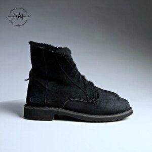 UGG Quincy Shearling Suede Lace Up Fold Over Short Boot Black Women 6.5